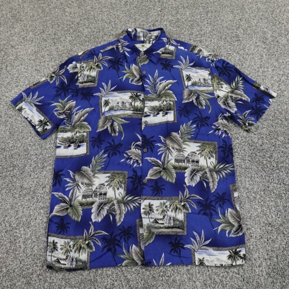 Island Shores Shirt Mens M Blue Hawaiian Floral Aloha Tiki Tropical AOP Camp